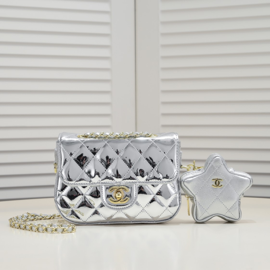 Chanel 24c Star Bag Mini CF Patent Leather Silver Shoulder Bag Handbag