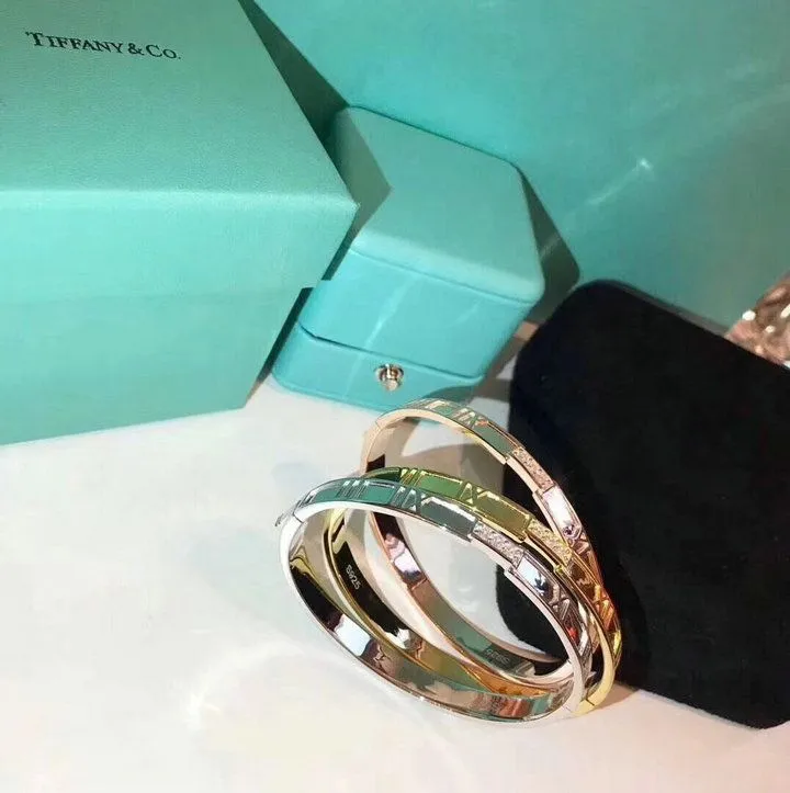 Tiffany Atlas Ladies Closed Hinged Silver Pink/ Yellow Gold Bangle Crystals 2021 Popular GRP03265/GRP03235