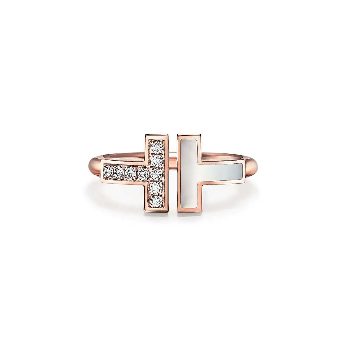 Womens Tiffany T Mother Of Pearl Rose Gold Double T Diamonds Wire Ring 6/7/8 US