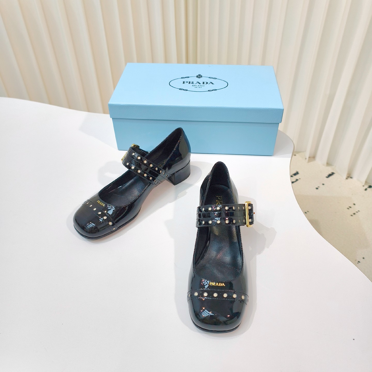 Prada Shoes New Lacquer Leather Mary Jane Coarse Heels