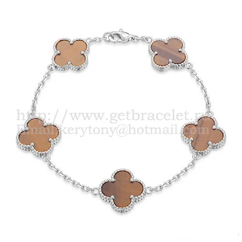 Van Cleef & Arpels Vintage Alhambra Bracelet 5 Motifs White Gold With Tiger's Eye Mother Of Pearl