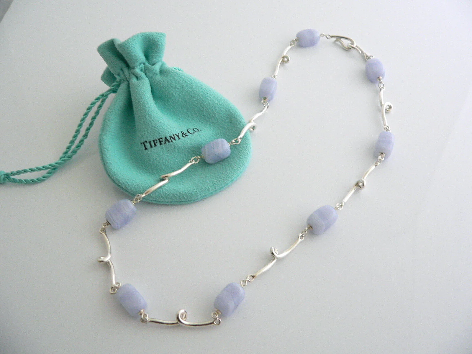 Tiffany & Co Blue Chalcedony Necklace Gemstone Twirl Pendant Chain Love Gift