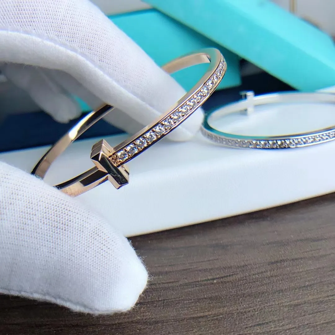 Tiffany T T1 Narrow Hinged Bangle With Diamonds Champagne Gold/White Gold