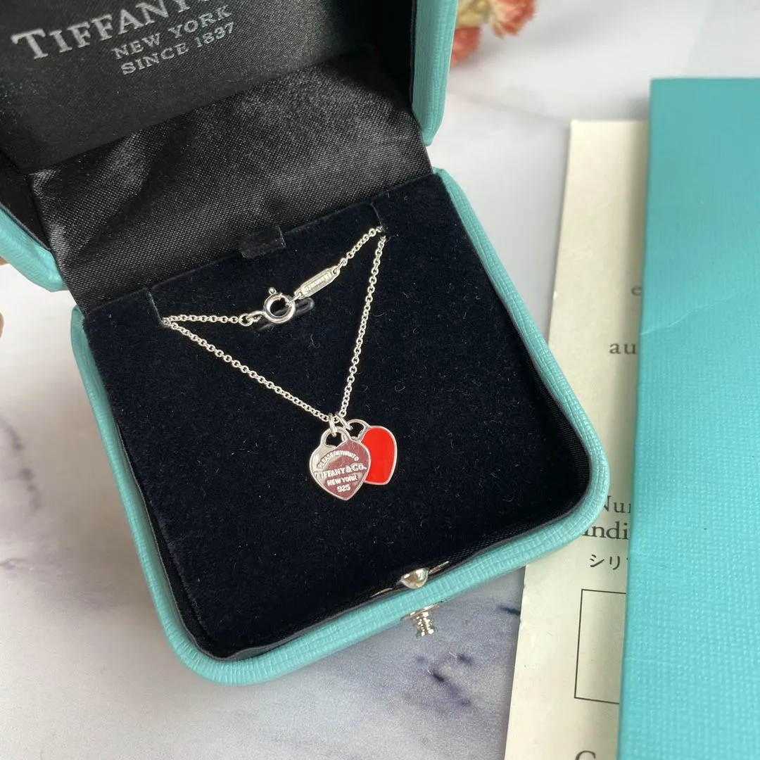Tiffany & Co Return To Double Heart Tag Enamel Necklace 925 Silver For Ladies Pink/Red For Girls