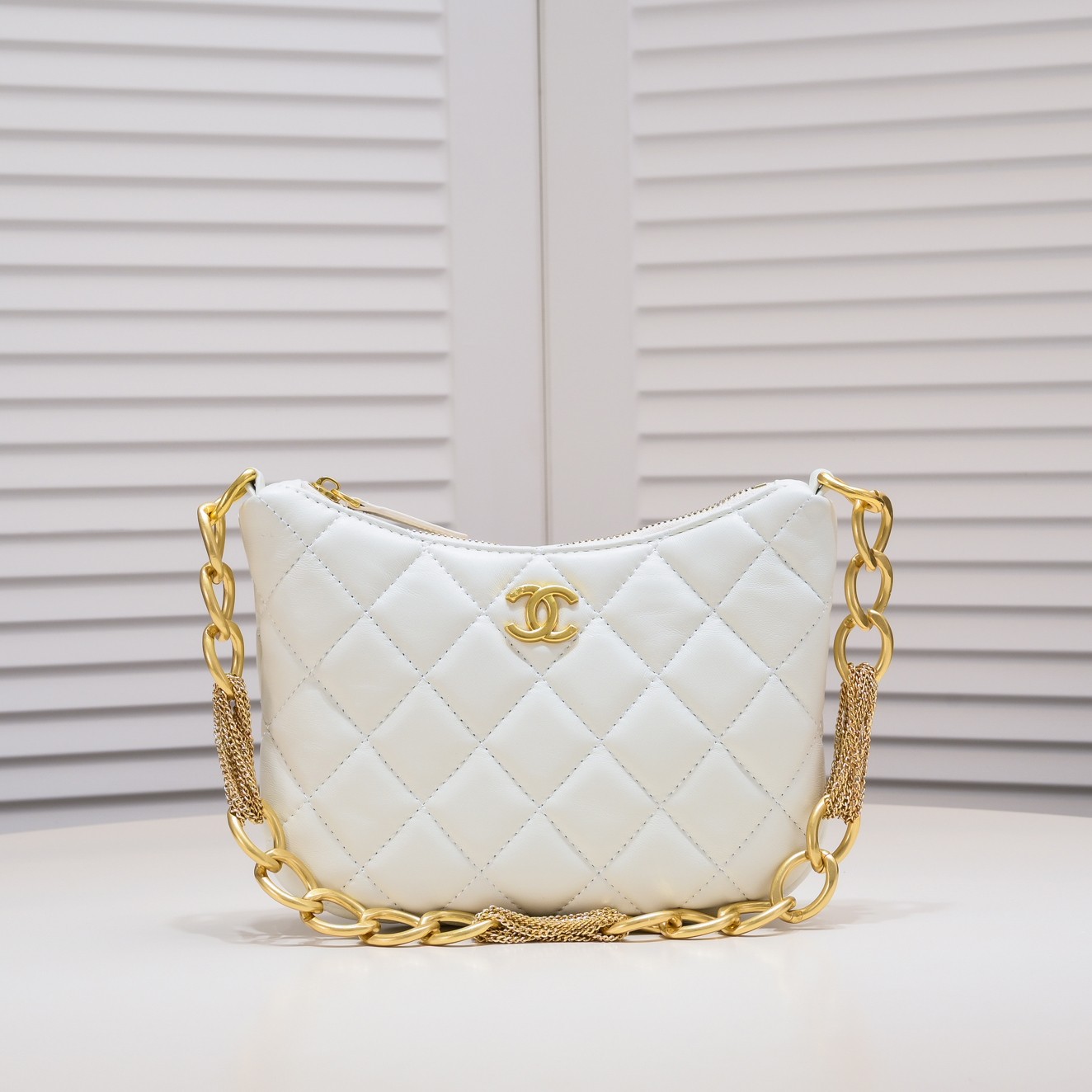 Chanel 23A Fringed Gold Chain Hobo Underarm Shoulder Bag Handbag