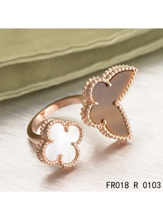 Van Cleef Arpels Luck Alhambra Between The Finger Ring Pink Gold With White and Grey Mother Of Pearl