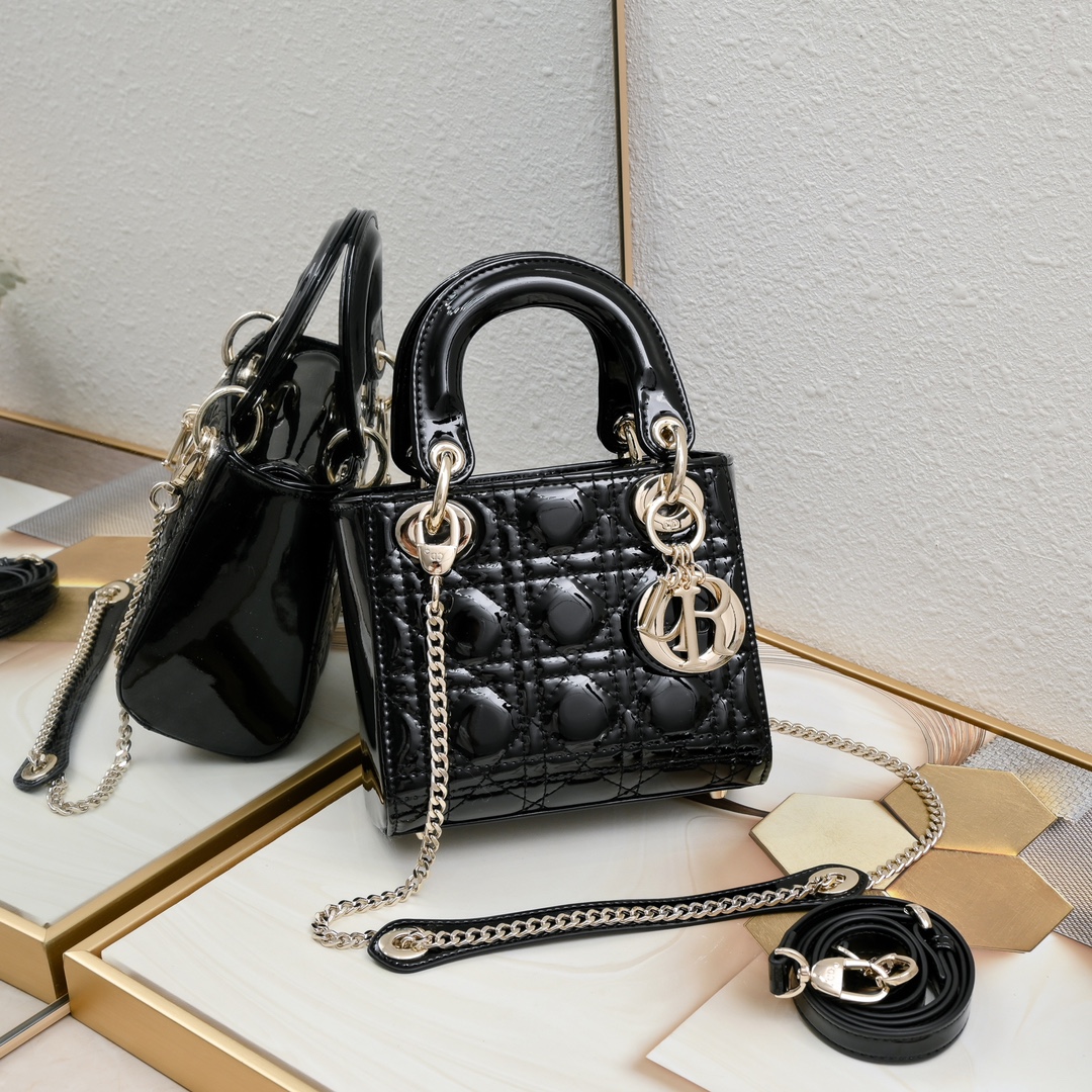 Mini Lady Dior Bag Black gold patent leather CD2025 XB071 17cm