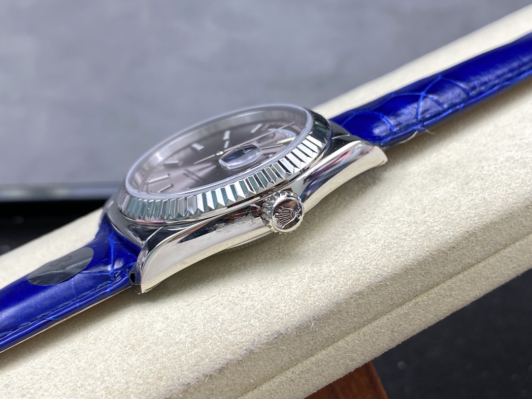 Rolex Day Date 36 White Gold Silver Dial 118139 0097 Blue Leather Strap