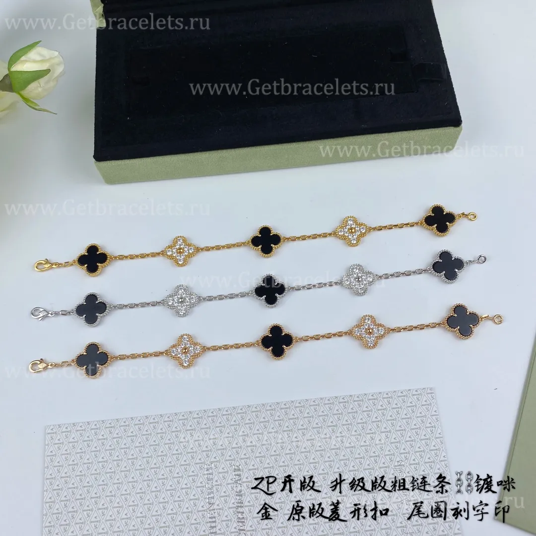 Replica Van Cleef Arpels Vintage Alhambra Bracelet 5 motifs With Diamonds and Onyx