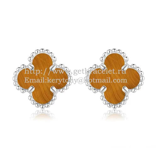 Van Cleef & Arpels Sweet Alhambra Earrings White Gold With Tiger's Eye Mother Of Pearl