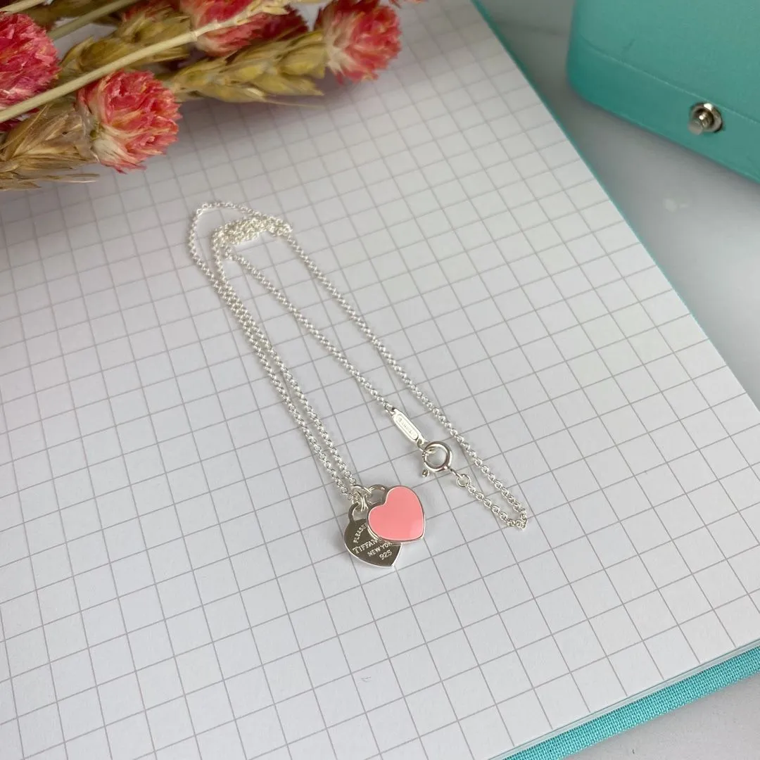 Tiffany & Co Return To Double Heart Tag Enamel Necklace 925 Silver For Ladies Pink/Red For Girls