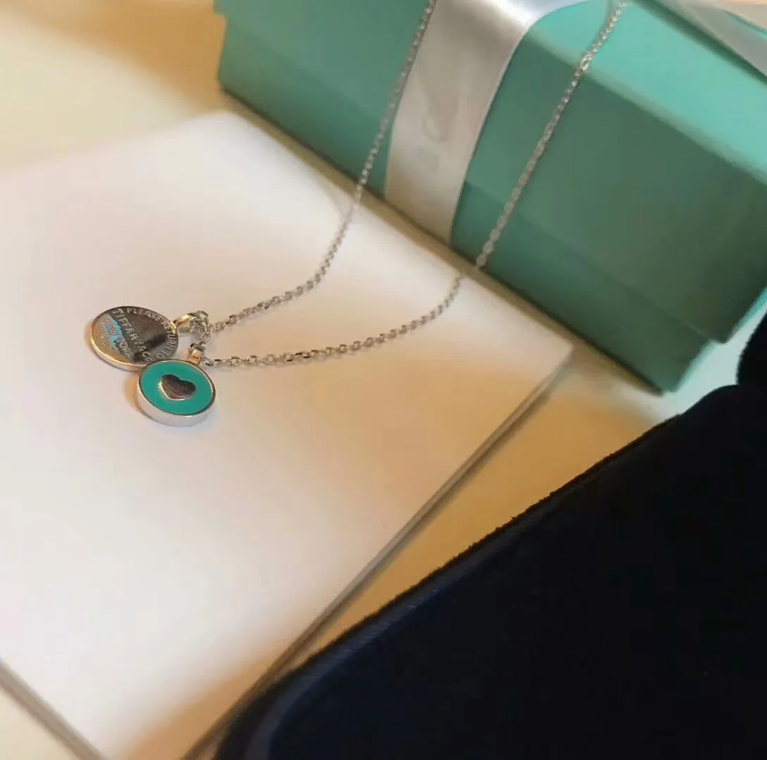 Luxury Replicated Tiffany Blue Enamel Heart Shape Ladies 925 Silver Double Round Pendant Necklace UK Sale 36517204