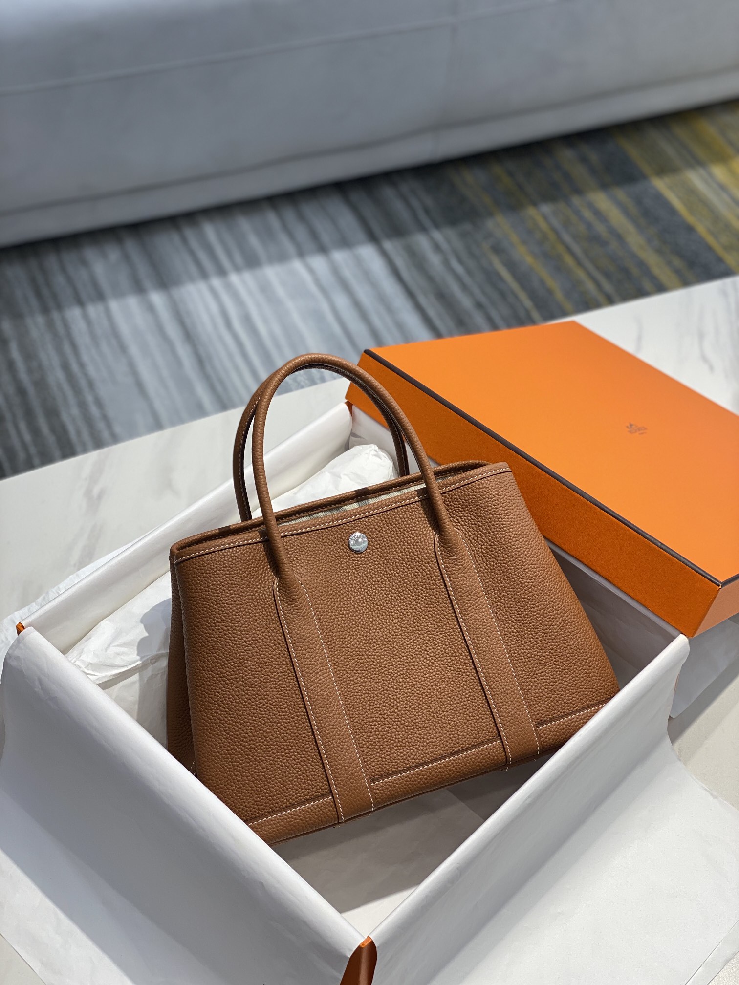 Original Copy Hermes Garden Party Leather Handbags Coffee 36cm