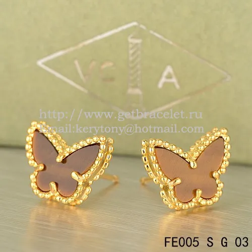 Van Cleef & Arpels Sweet Alhambra Butterfly Earrings Yellow Gold With Tiger's Eye Mother Of Pearl