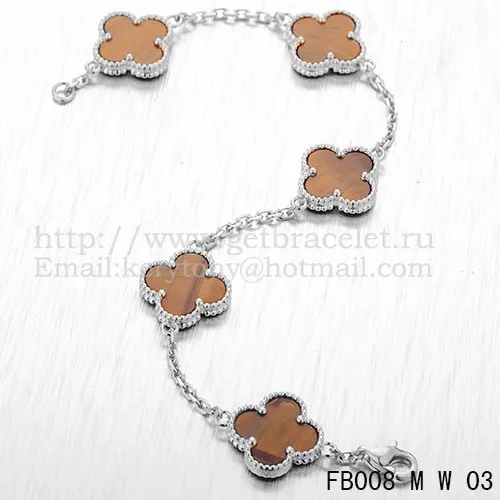 Van Cleef & Arpels Vintage Alhambra Bracelet 5 Motifs White Gold With Tiger's Eye Mother Of Pearl