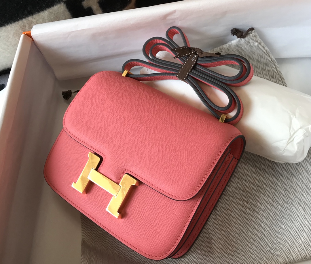 Replica Hermes Constance Bag Epsom Leather Rose Lipstick Wiht Gold 19cm and 23cm
