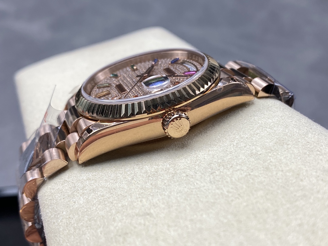 Rolex Day Date 36 Diamond Paved Dial Fluted Bezel 18K Everose gold 128235 0039 President Watch