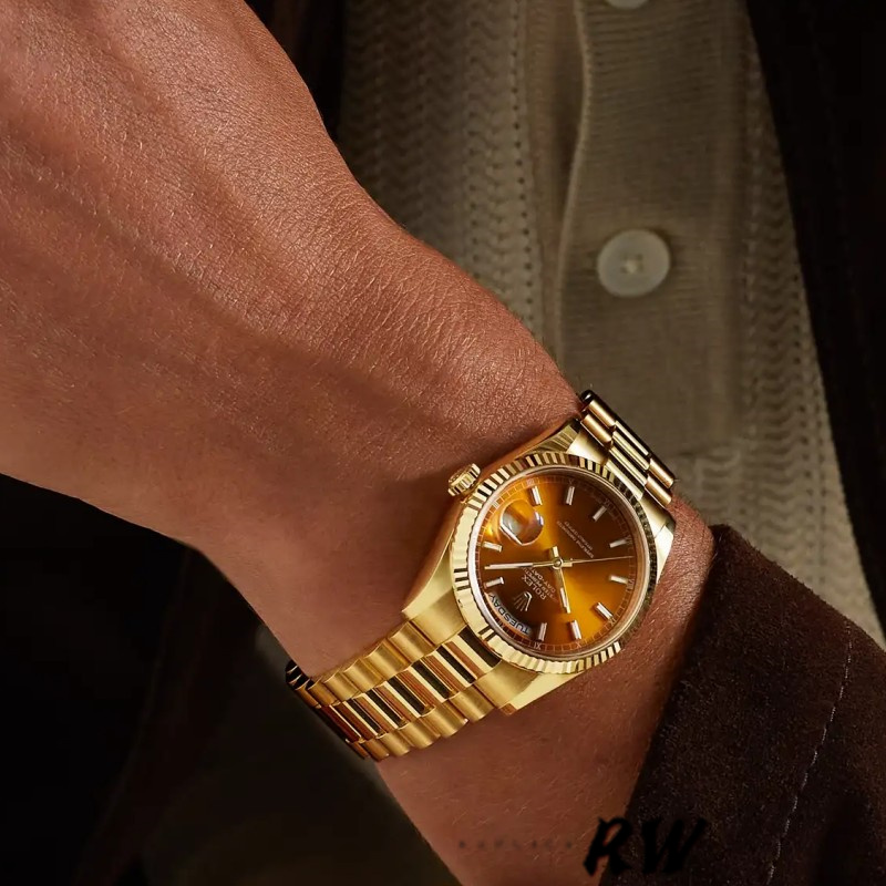 Rolex Day-Date 118238 Yellow Gold Index Cognac Dial 36mm Unisex Replica Watch