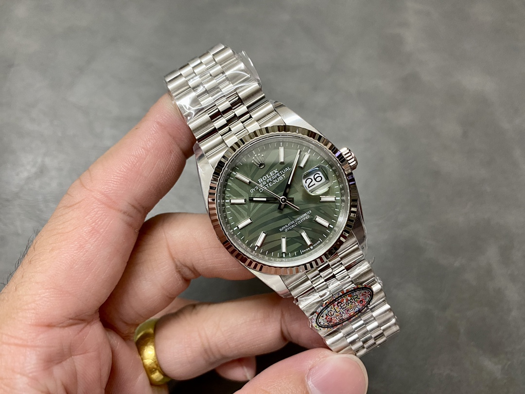 Rolex Datejust 36mm Fluted Bezel Green Palm Index Dial Jubilee 126234 0047