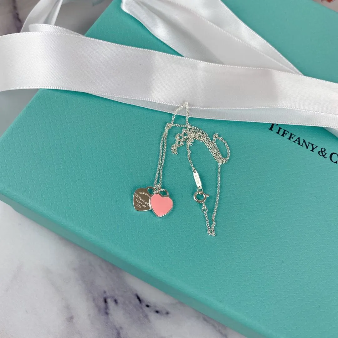 Tiffany & Co Return To Double Heart Tag Enamel Necklace 925 Silver For Ladies Pink/Red For Girls