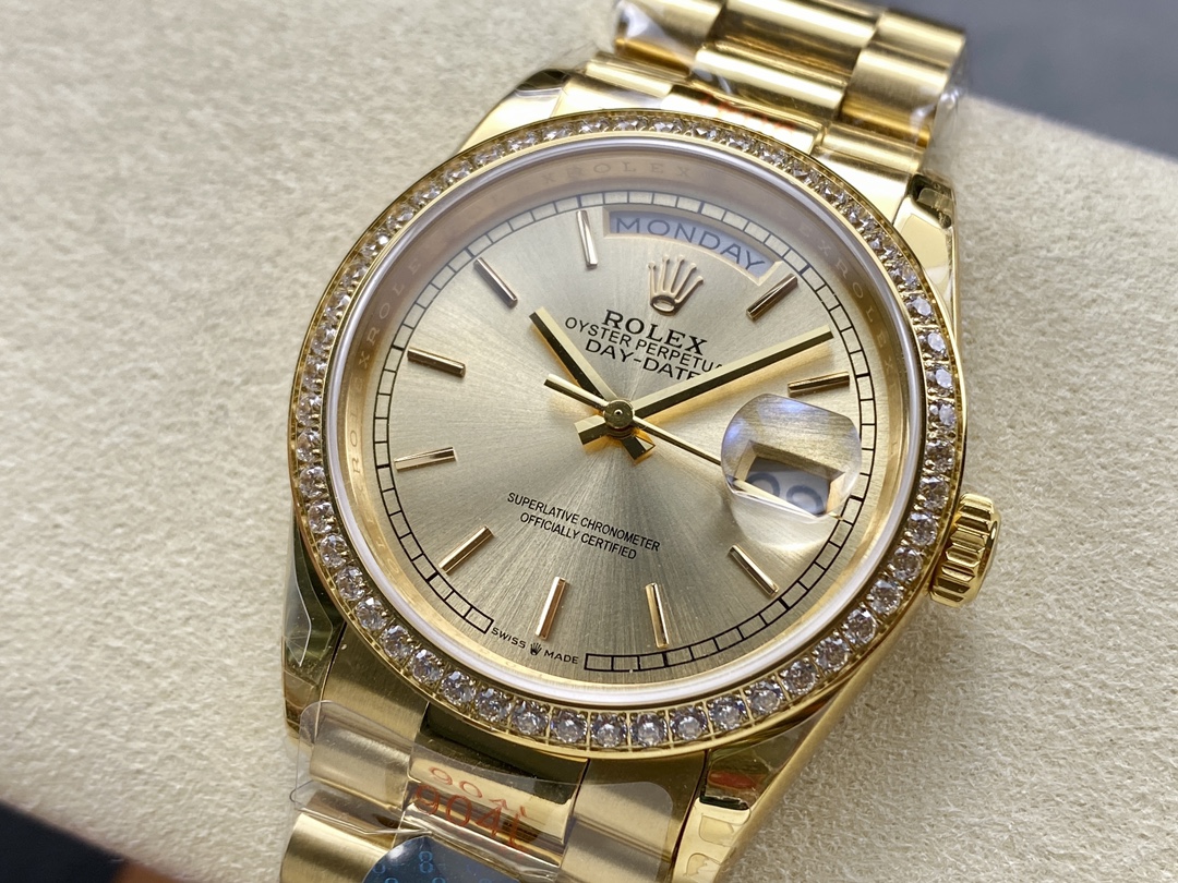 Rolex Day-Date 128348RBR Champagne Index Dial Yellow Gold 36MM Unisex Replica Watch