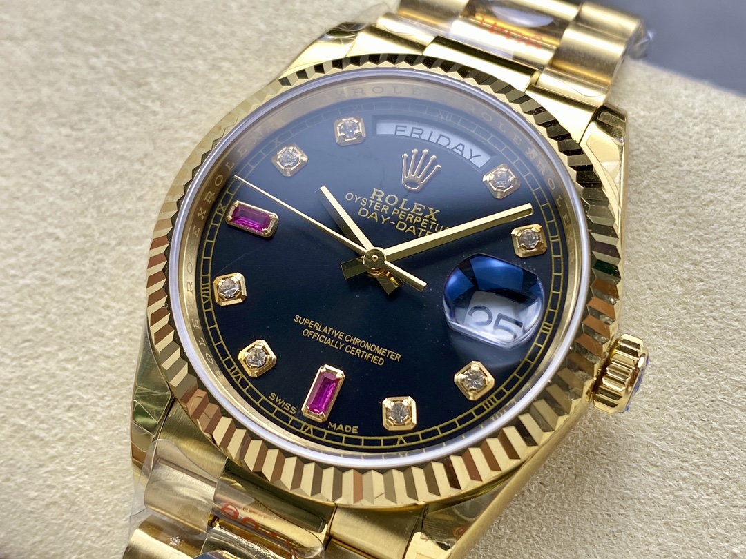 Rolex Day Date 118238 Black Diamond Dial Fluted Bezel 36mm Mens Replica Watch