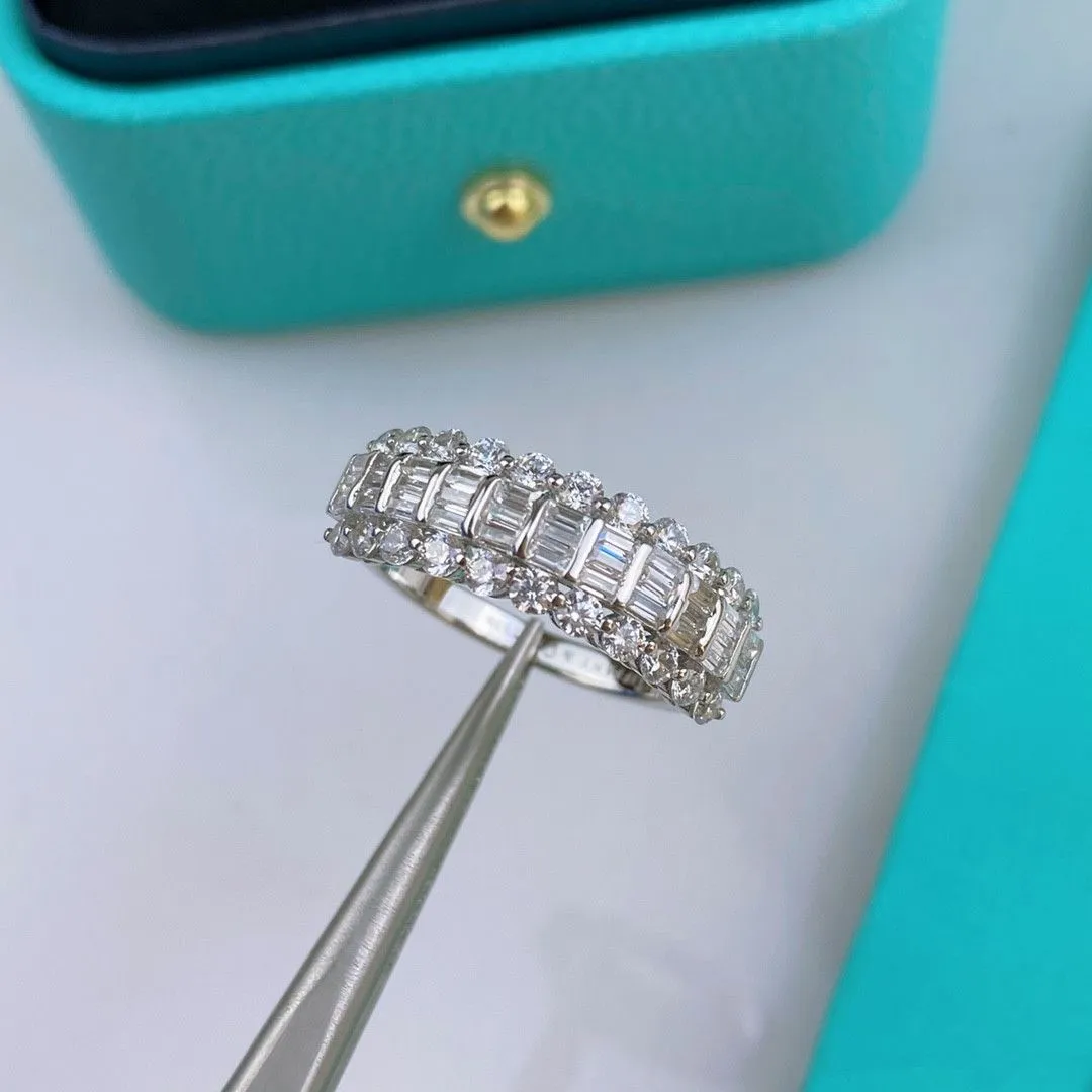 2021 Style Tiffany Sterling Silver Women White Gold Three-row Diamonds Fashion Ring 5/6/7/8 (US)