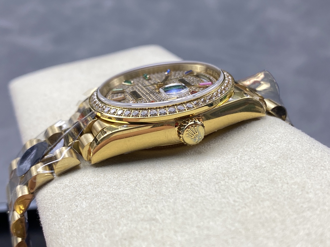 Rolex Day Date 36mm Yellow Gold 128348RBR 0030 Pave Rainbow Diamonds Sapphires Dial