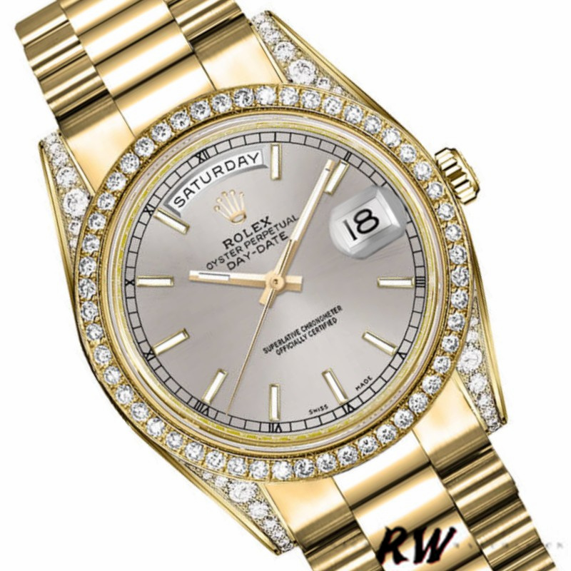 Rolex Day-Date 118388 Yellow Gold Silver Index Dial 36MM Unisex Replica Watch