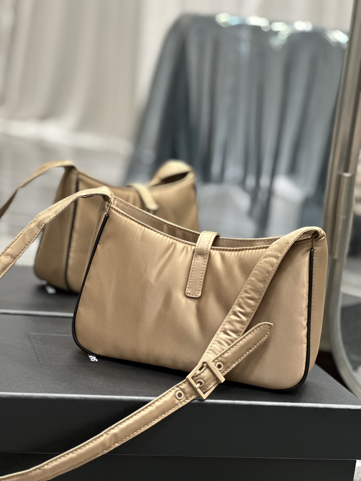 Saint Laurent 10A Handbag Shoulder Bag Top Mirror Quality Version Apricot Silver Buckle with Black Trim Nylon