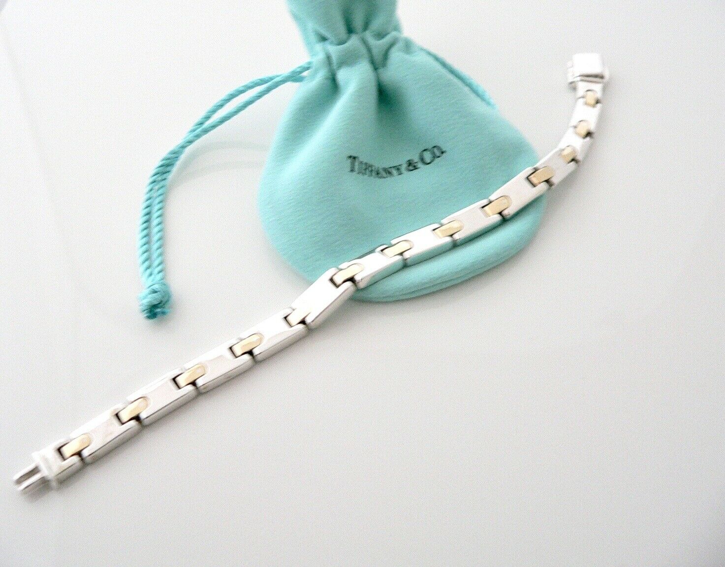 Tiffany & Co 18K Gold Silver Link Rectangle Bar Bracelet Bangle Gift Pouch Love