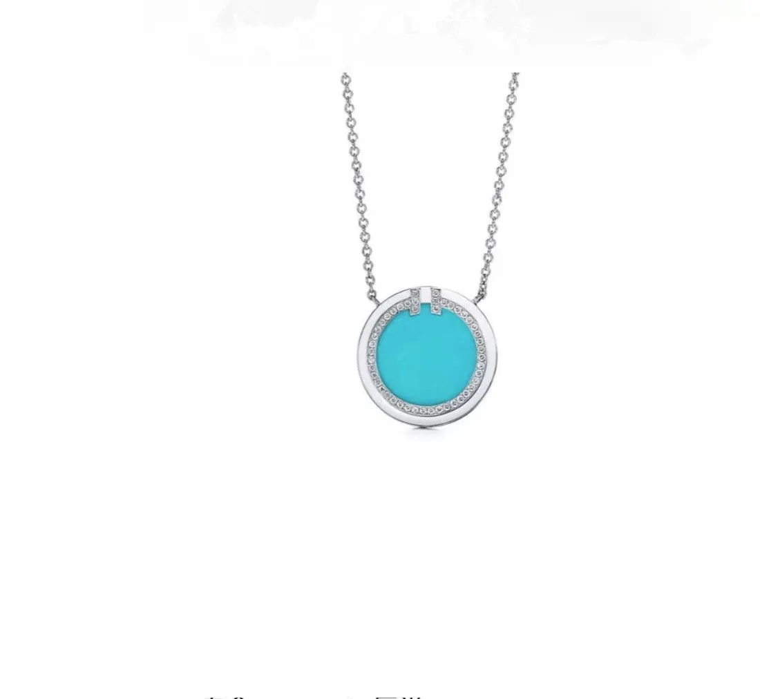 Top Tiffany T Silver Diamonds Turquoise Circle Pendant Couple Style Necklace HK