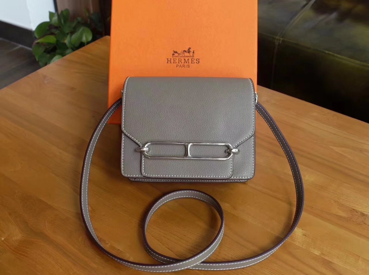 Hermes Roulis Grey Swift Calf Togo Leather Shoulder Bag With Silver Hardware