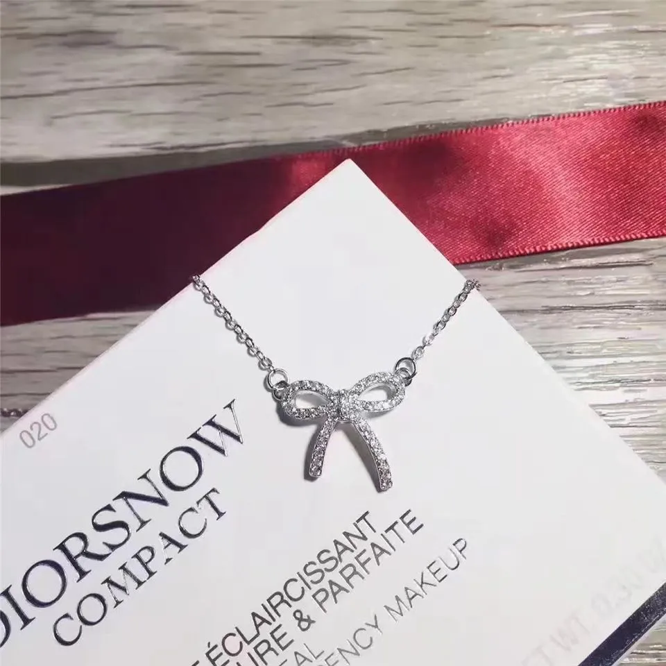Nice Price Tiffany Bow Bowknot Pendant Studded Crystals Necklace Low Price Sale