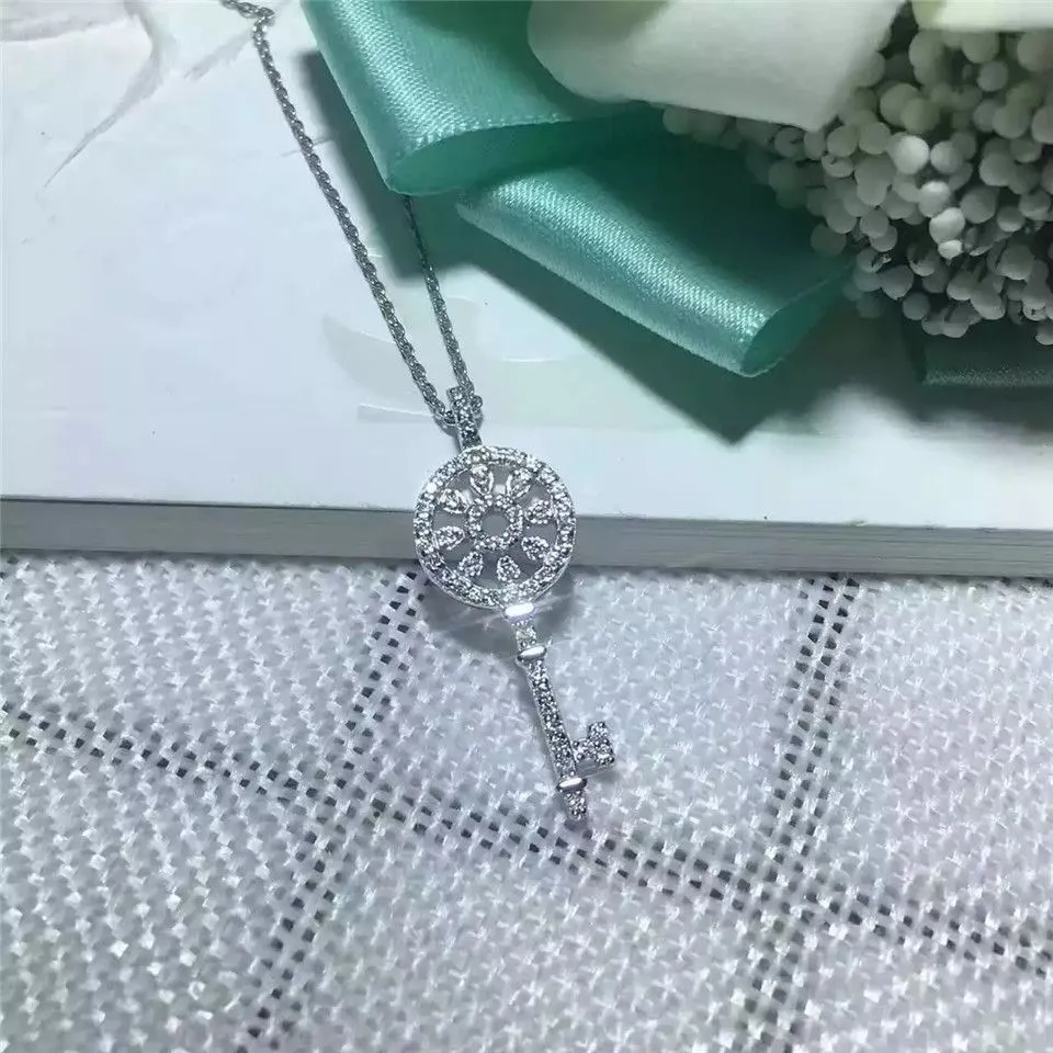 Tiffany Keys Petals Key Pendant Sterling Silver Necklace Diamonds Fashion Party Jewelry Women GRP02643
