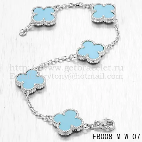 Van Cleef & Arpels Vintage Alhambra Bracelet 5 Motifs White Gold With Turquoise Mother Of Pearl