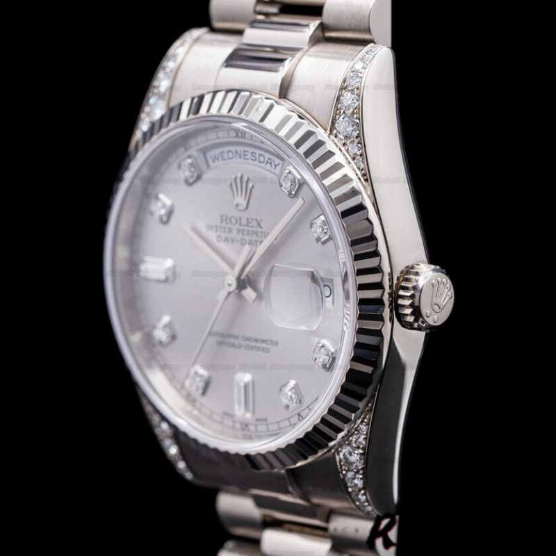 Rolex Day Date 118339 White Gold Silver Dial Fluted Bezel 36mm Unisex Replica Watch