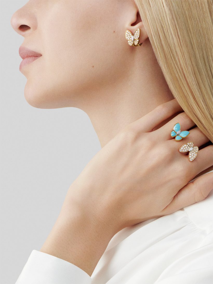 Van Cleef & Arpels Blue Butterfly & Full Diamond Butterfly Ring, Two Butterfly Between the Finger ring