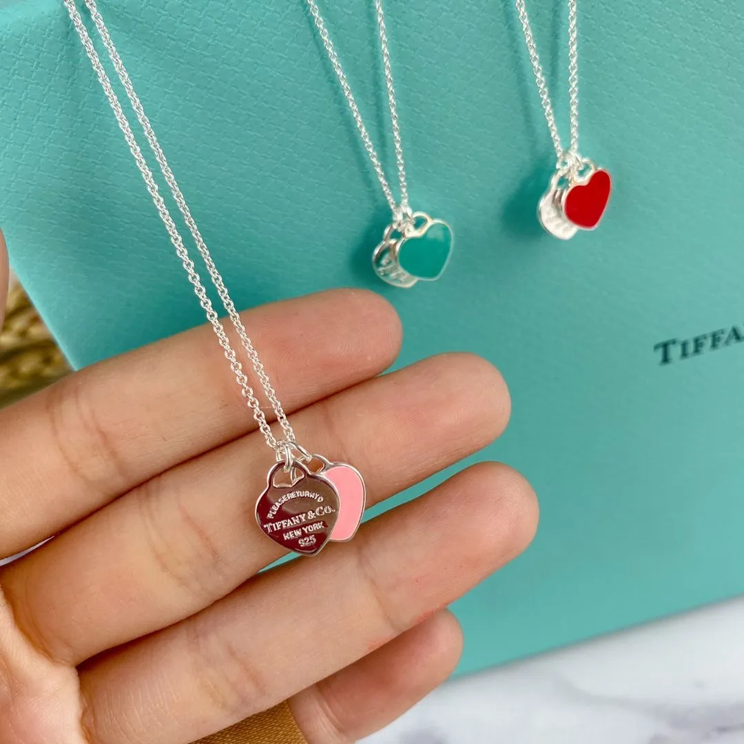 Tiffany & Co Return To Double Heart Tag Enamel Necklace 925 Silver For Ladies Pink/Red For Girls