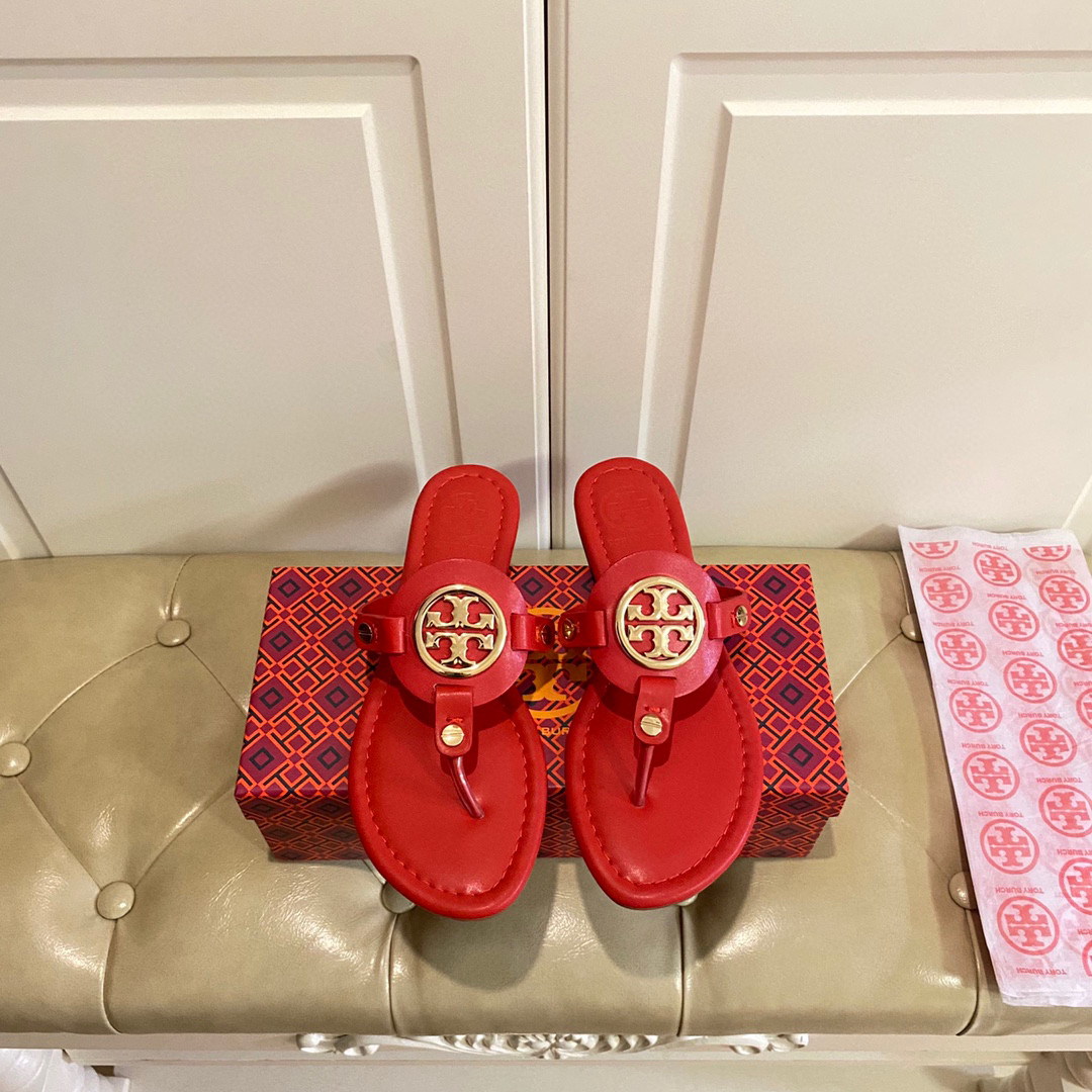 Tory Burch Leather Metal Logo Flip-flops Sandals Slide (Replica)