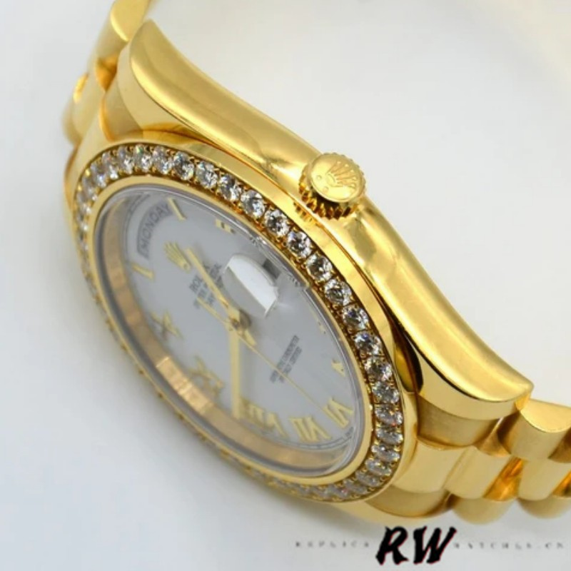 Rolex Day-Date 228348RBR White Roman Dial Diamond Bezel 40mm Mens Replica Watch